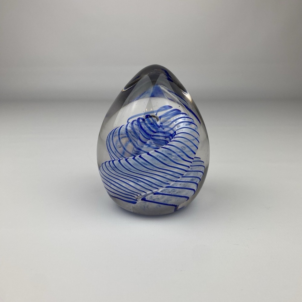 Williams Signed Art Glass Paperweight Blue Swirl Hand Blown 1987 Murano Style